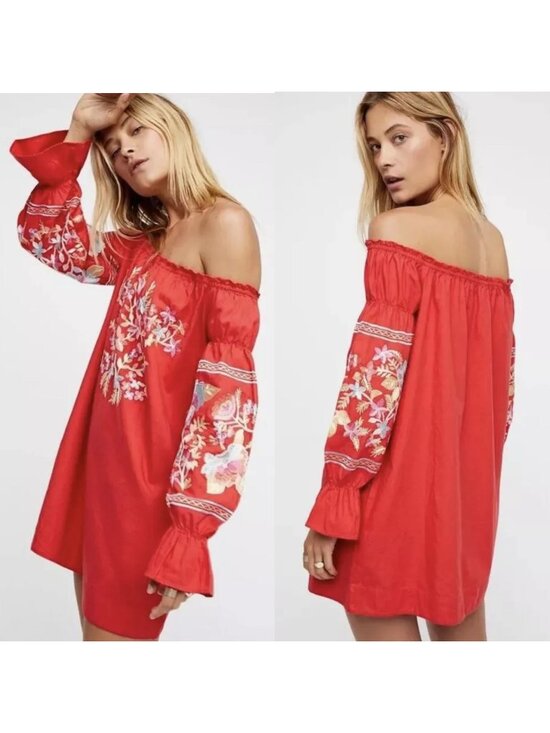 Free People Size S Red Fleur Du Jour Floral Embroidered Boho Off Shoulder Dress - Picture 2 of 16